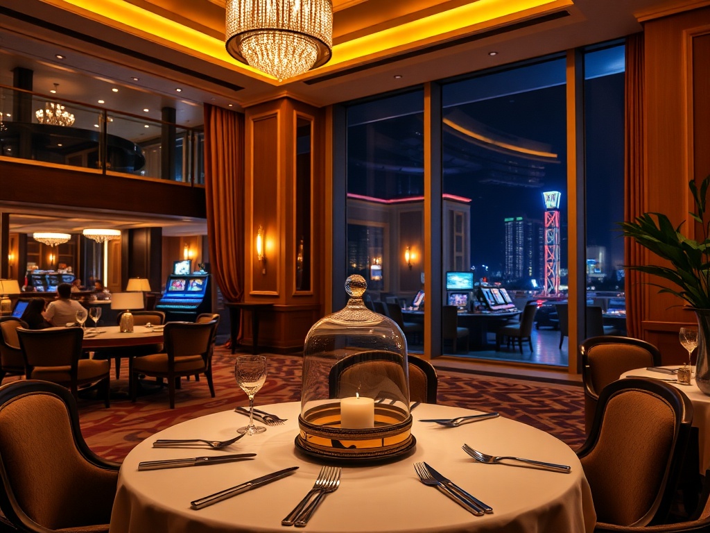"luxurious casino hotel lobby at night" "warm ambient lighting" "spacious suite balcony view" "gourmet dining table with cloche" "subtle wellness spa glow" "lively nightlife in background"