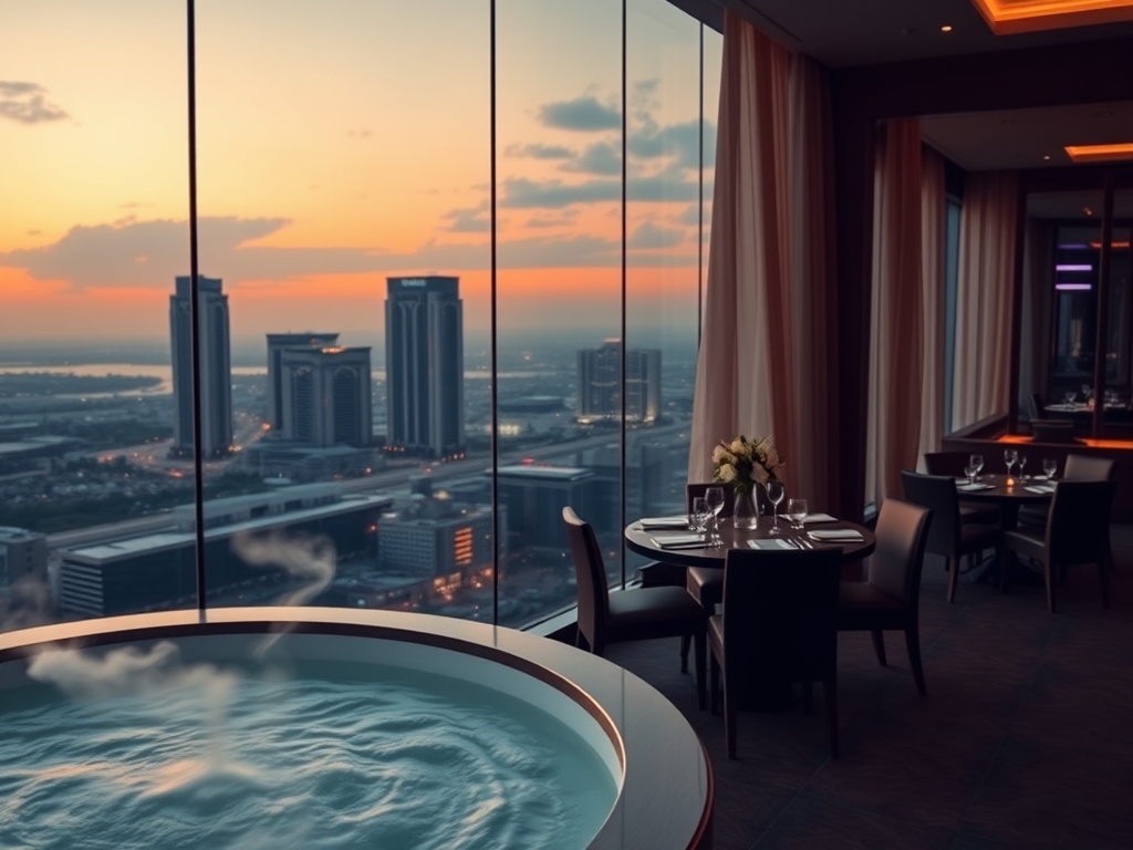 “luxury casino hotel at dusk, warm suite window glow, elegant spa steam, gourmet dining table, subtle nightlife lights, serene mood, modern comfort” . You MUST not include ANY brand images or logos. You may ONLY reply with the format given. If you do 