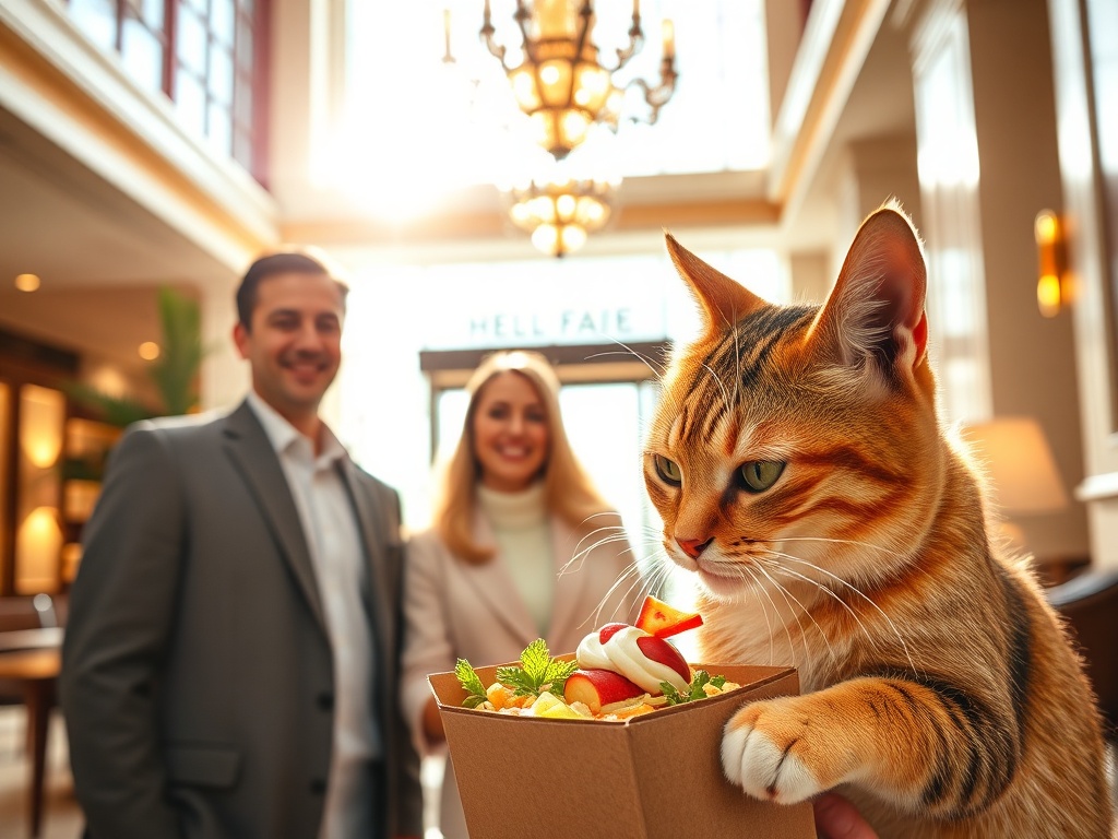 "sunlit elegant hotel lobby" "smiling guest couple" "adorable domestic cat eating gourmet pet food" "fresh delivery box" "warm welcoming concierge"
