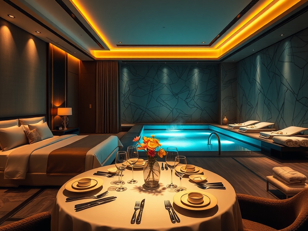 "luxury casino hotel suite" "warm ambient lighting" "silk textures and plush bedding" "gourmet dining table with elegant plated dishes" "steam rising from spa pool" "modern wellness lounge with soft towels" "subtle golden highlights" "wide angle, cinemati