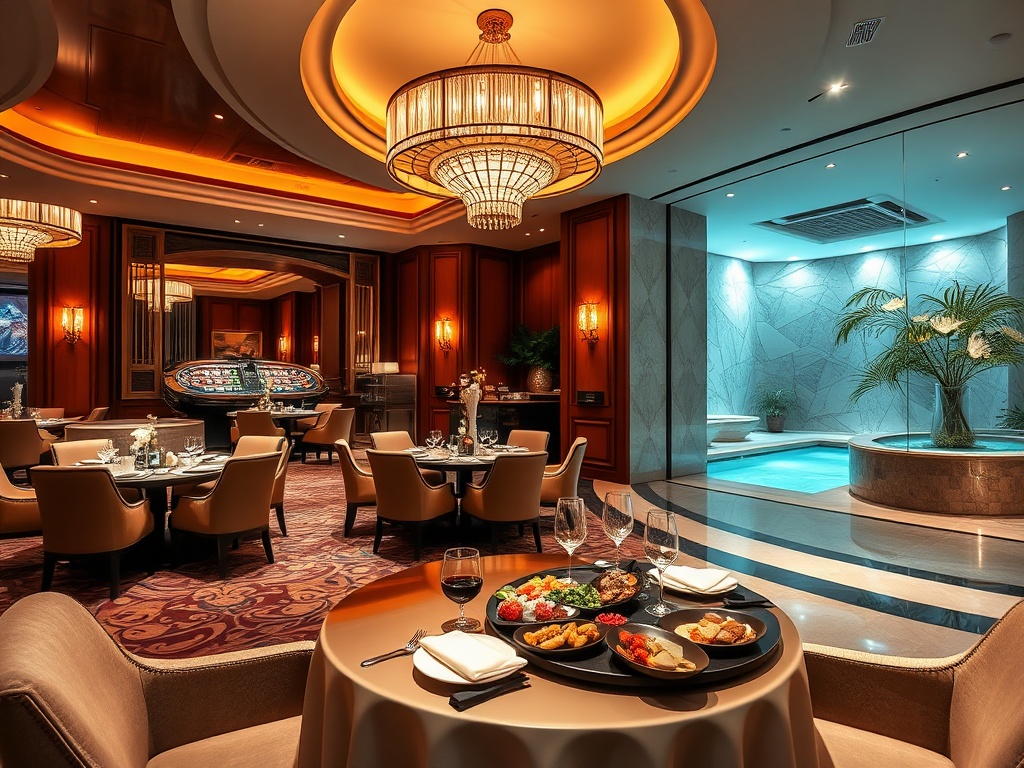 "Elegant casino hotel lounge with warm ambient lighting, a refined dining table with gourmet dishes, and an adjacent tranquil spa scene." "Luxury vibe."