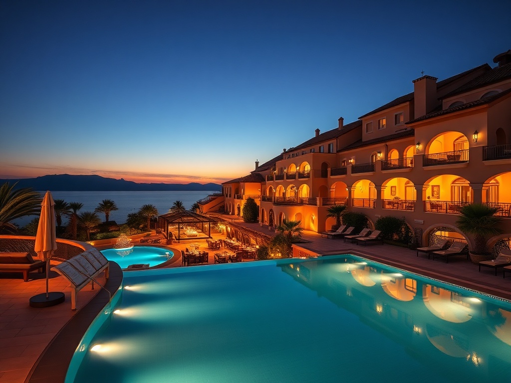A luxurious Mediterranean casino hotel at dusk, elegant suite balcony overlooking warm lights, infinity pool, subtle casino glow, tasteful dining terrace, resort greenery, cinematic lighting."