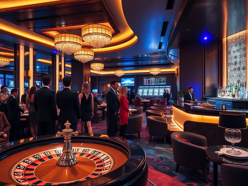 "Modern casino hotel interior lounge with warm ambient lighting; stylish guests in elegant attire; roulette table glimpsed; plush seating; sparkling bar; gourmet dining plates; soft wellness glow; atmosphere of comfort and entertainment; cinematic wide-an