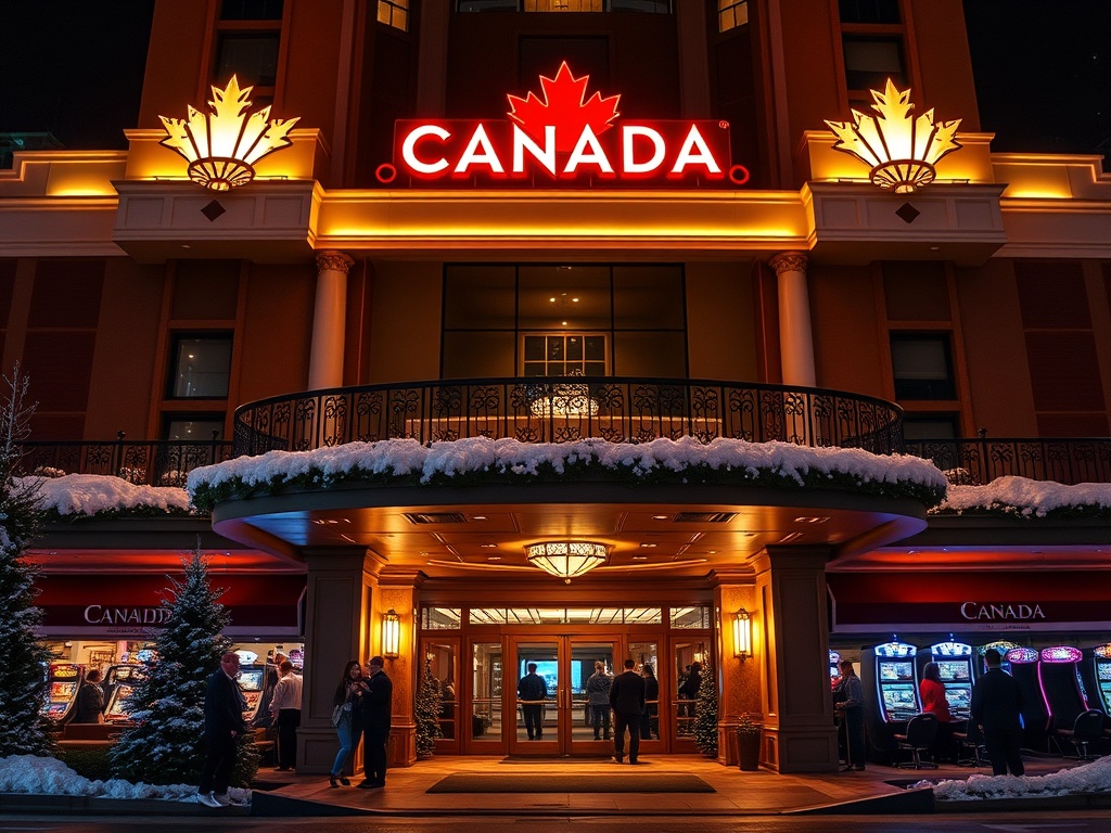 Nighttime Canadian hotel-casino facade with warm lights, elegant lobby glow, smiling guests, sleek lounge, dramatic gaming room lights, luxury comfort, winter ambience, cinematic, ultra-realistic"