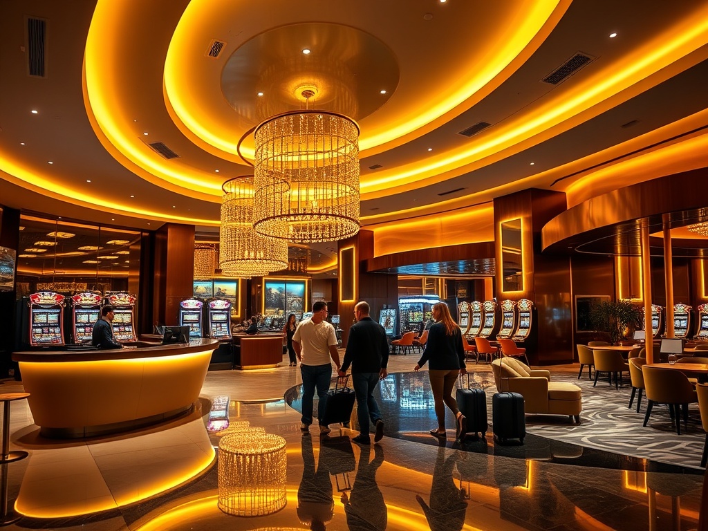 "modern casino-hotel lobby at night" "warm golden lighting" "sleek curved reception desk" "glowing slot machines in background" "guests entering with suitcases" "inviting lounge bar"