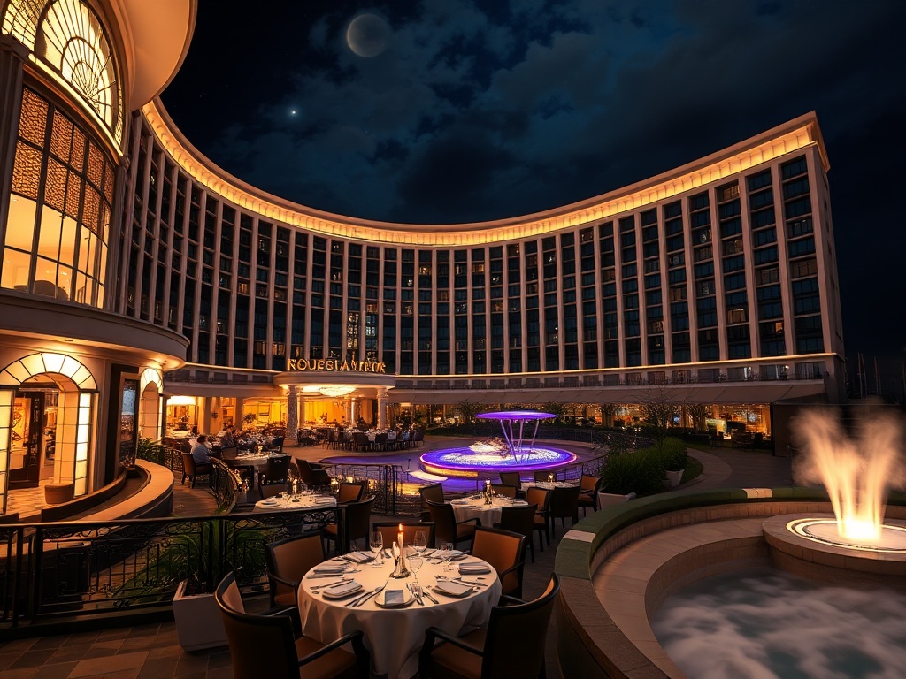 Night panorama of a luxury casino hotel "glowing facade", "elegant suite balcony", "gourmet dining table", "live stage lights", "serene spa steam".
