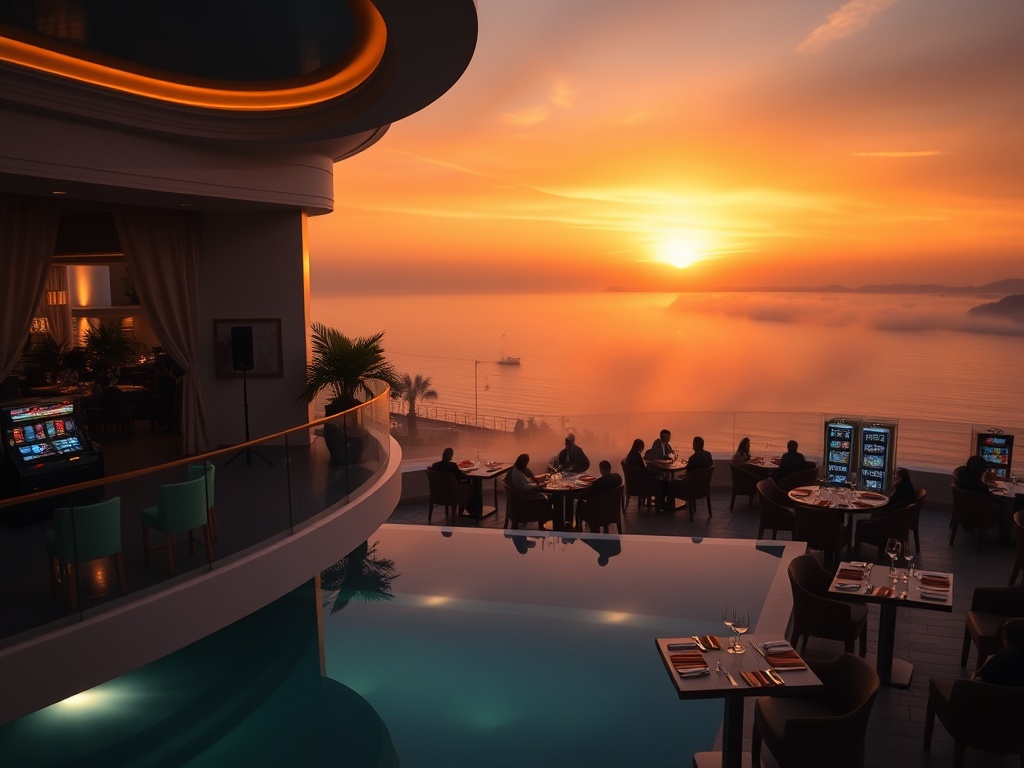 "Luxury casino hotel hero scene in Greece, elegant suite balcony at sunset, soft glow, indoor pool mist, premium dining tables, subtle slot-like lights, stylish crowd silhouettes, resort elegance, cinematic wide angle"