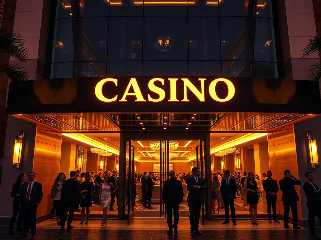 "contemporary casino hotel entrance at night, warm golden lights, elegant crowd in smart attire, luxurious lounge scene behind glass, subtle event ambiance, cinematic lighting" "high-end atmosphere"