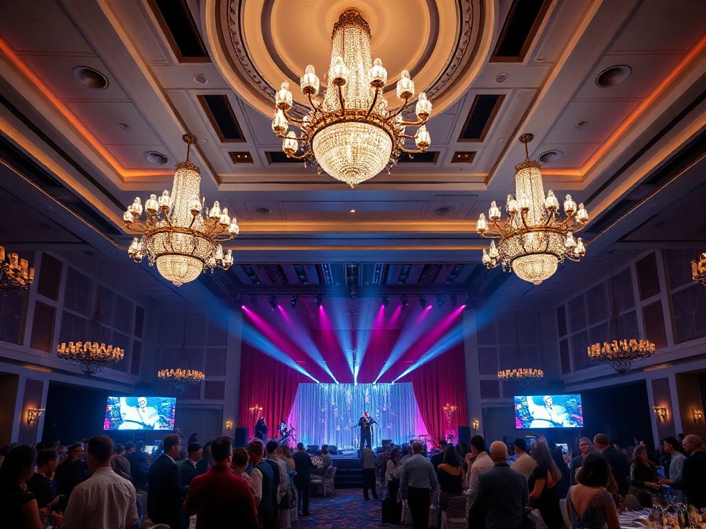 "modern casino hotel ballroom" "glowing chandeliers" "elegant event crowd" "stage with live band" "silky velvet lounge" "luxury night atmosphere"