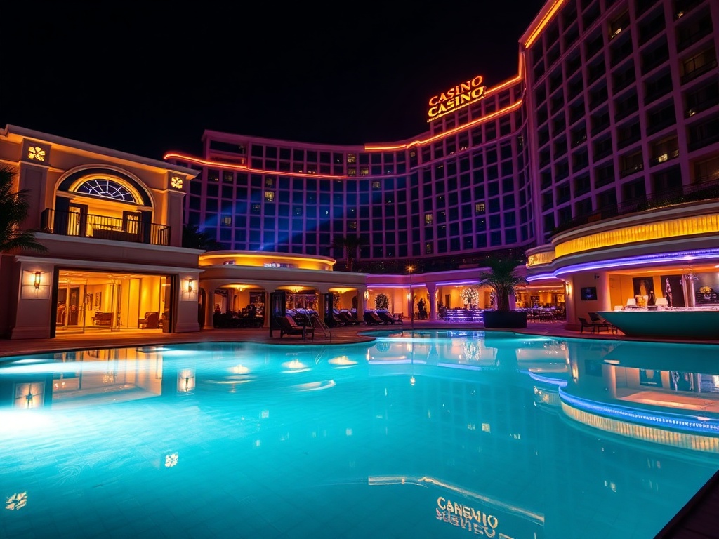 "luxury casino hotel night scene" "glowing entrance" "elegant suite balcony lights" "silky spa steam" "pool reflections" "soft bar ambiance" "vibrant live-show stage lights"
