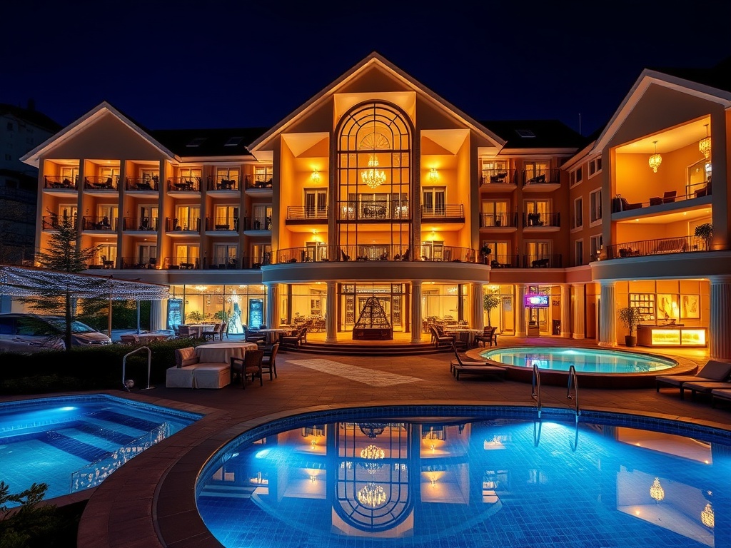 A luxurious resort-style casino hotel in Norway at night, “warm-lit lobby,” “spacious elegant suites,” “live entertainment glow,” “cozy lounge,” “relaxing spa pool.”