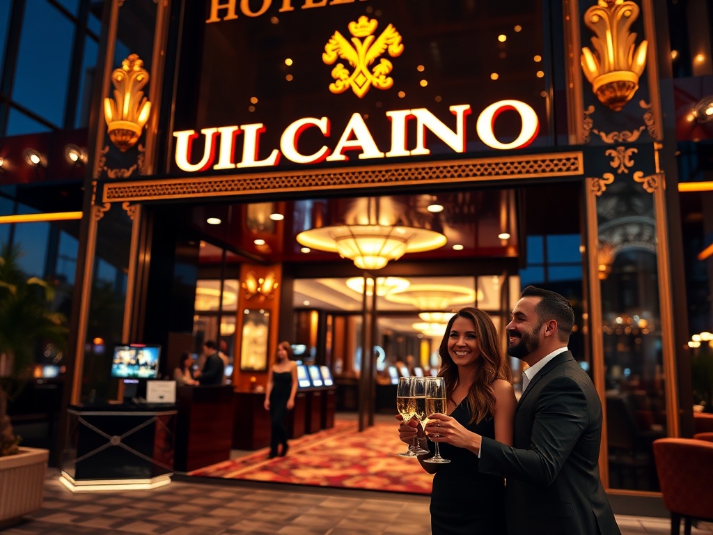 "luxury casino hotel entrance at night" "glowing gaming lights" "elegant concierge" "smiling guests holding champagne" "warm lounge reflections" "soft bokeh skyline" "modern chic atmosphere"