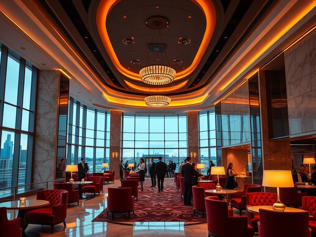 "Luxe modern casino hotel lobby, warm ambient lighting, velvet lounge chairs, elegant guests in evening wear, subtle marble and gold accents, panoramic windows, vibrant yet refined atmosphere"