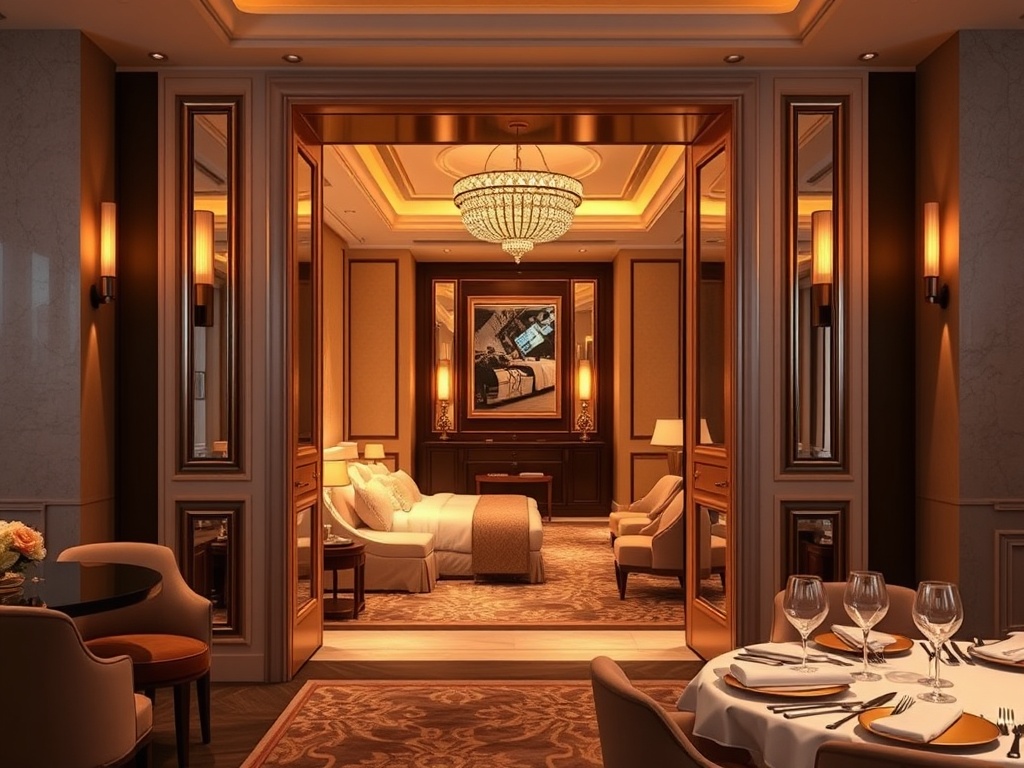 "luxury contemporary casino lounge" "elegant suite doorway with soft bedding" "gourmet restaurant dining lights" "golden warm ambiance" "subtle gaming lights"