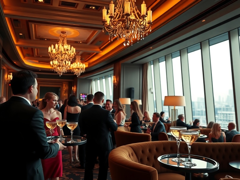 "Elegant casino hotel event scene with guests in formal attire, warm chandelier lighting, plush lounge seating, sparkling drinks on trays, panoramic windows, sophisticated atmosphere."