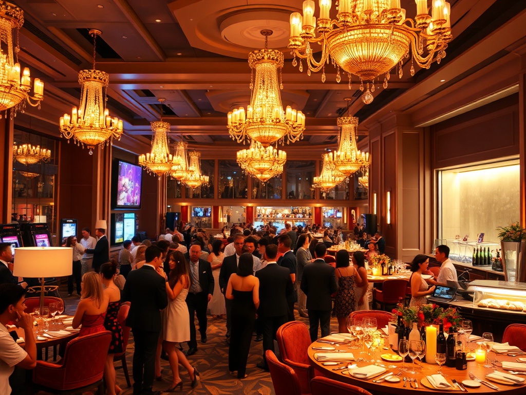 "luxurious casino hotel event atmosphere with elegant guests mingling near glowing chandeliers; warm suite lounge backdrop; modern dining buffet; serene spa glow in distance" You MUST not include ANY brand images or logos. You may ONLY reply with the form