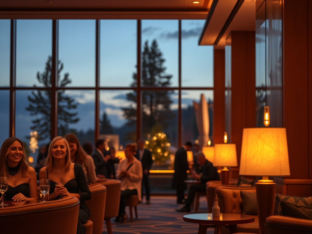 Warm Scandinavian hotel lobby at dusk, soft amber lights, smiling diverse guests in elegant attire, subtle casino glow, cozy lounge seating, cinematic realism. "You MUST not include ANY brand images or logos. You may ONLY reply with the format given. If y