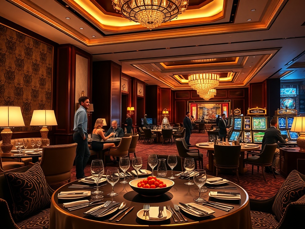 A luxury casino hotel suite lounge merging into a gourmet dining table and distant glowing gaming area, elegant guests smiling, warm ambient lighting, cinematic realism.