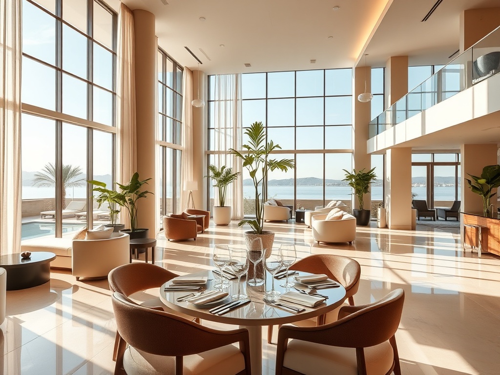 "sunlit modern hotel lobby" "elegant lounge" "fine-dining table setting" "spa wellness glow" "warm Mediterranean colors"