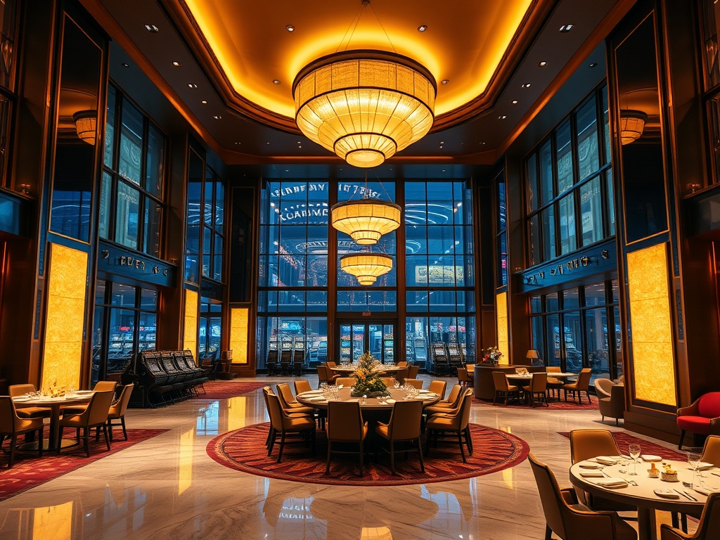 A contemporary casino hotel lobby, “golden warm lights,” “elegant suites view,” “fine dining tables,” “relaxing lounge,” “subtle gaming glow,” cinematic wide shot. "