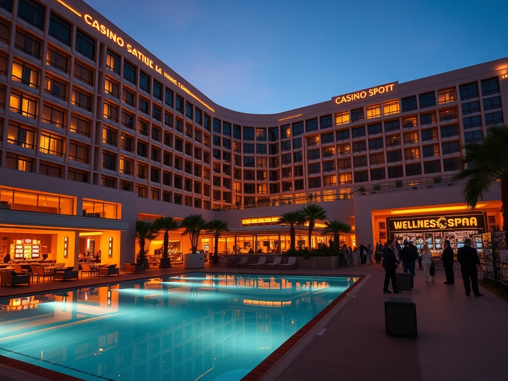 "Modern luxury casino hotel at dusk, glowing windows, elegant lounge atmosphere, softly lit pool and wellness spa entrance, distant slot-lit silhouettes, refined crowd, cinematic lighting"