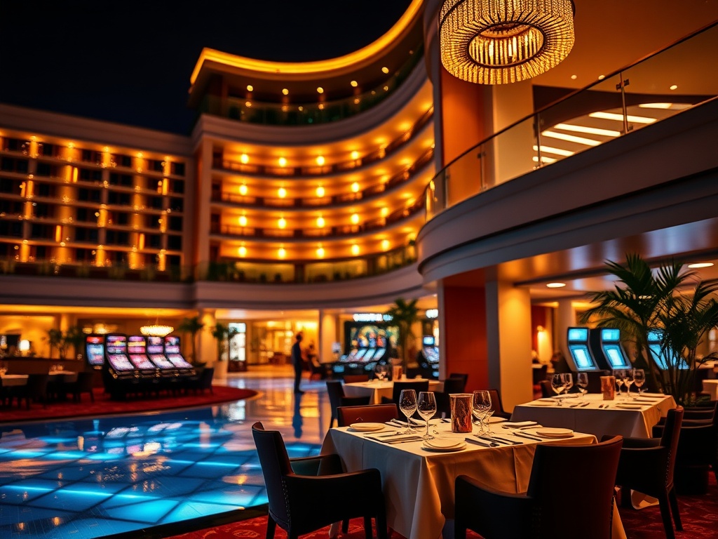 "Modern casino hotel resort at night" "warm luxury lobby lighting" "elegant stylish room balcony" "glowing gaming floor silhouette" "fine dining table setting with soft bokeh" "relaxation spa lounge chairs" "vibrant yet serene atmosphere"