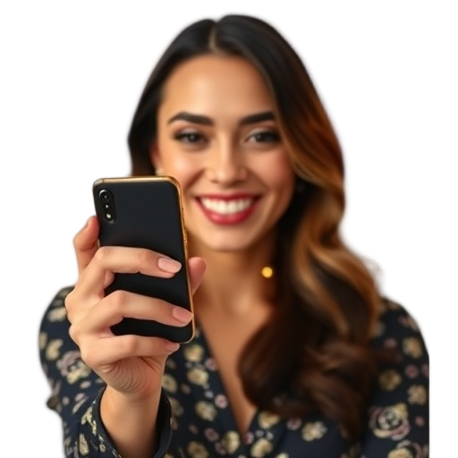A smiling woman holding a smartphone showing golden casino lights, elegant hotel luxury vibe; shallow depth of field, white background"