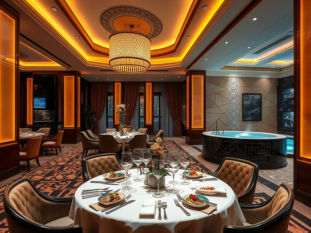 "Elegant casino hotel lounge with warm ambient lighting, a refined dining table with gourmet dishes, and an adjacent tranquil spa scene." "Luxury vibe."
