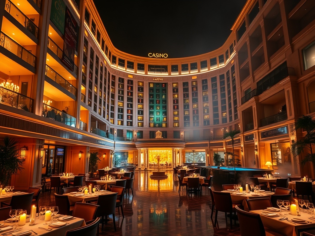 A luxurious casino hotel at night, glowing suites and elegant lobby, fine-dining tables with soft candlelight, wellness spa steam, stylish nightlife ambiance, cinematic lighting. "