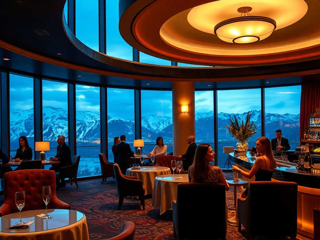 Luxurious Scandinavian casino hotel lounge, warm ambient lighting, elegant velvet seating, panoramic windows with snow-capped mountains, subtle gaming silhouettes, champagne bar glow, guests laughing.