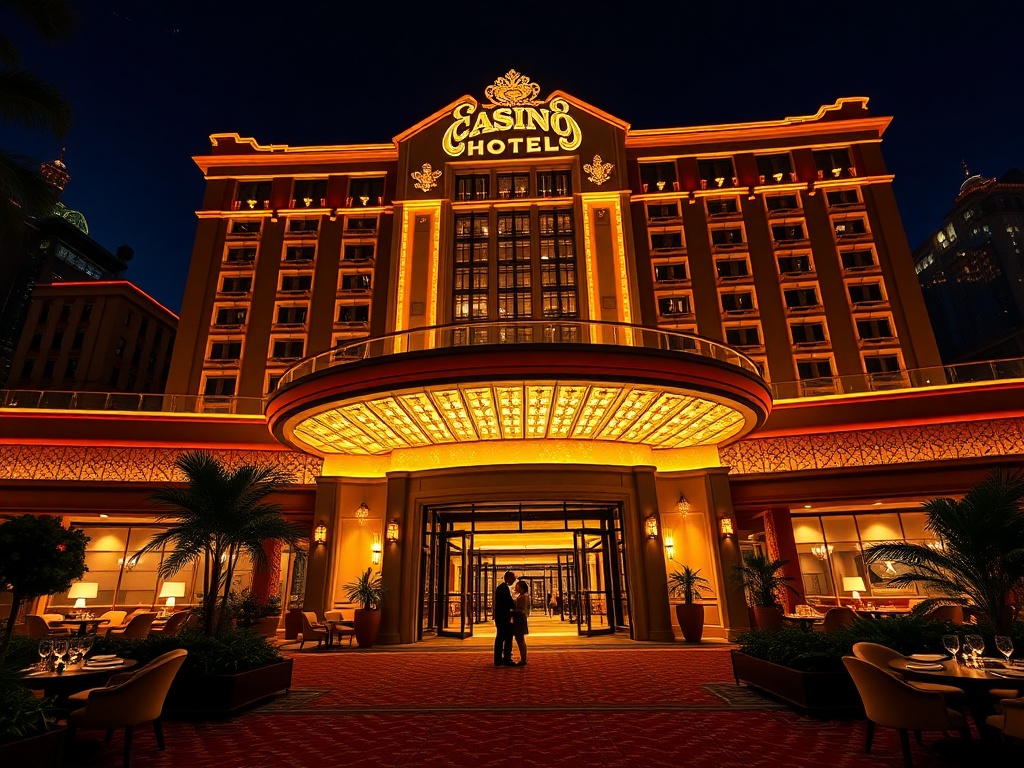 Nighttime view of a stylish casino hotel, glowing entrance, elegant lobby lounge, couple relaxing, spa steam, gourmet dining ambiance, cinematic lighting."