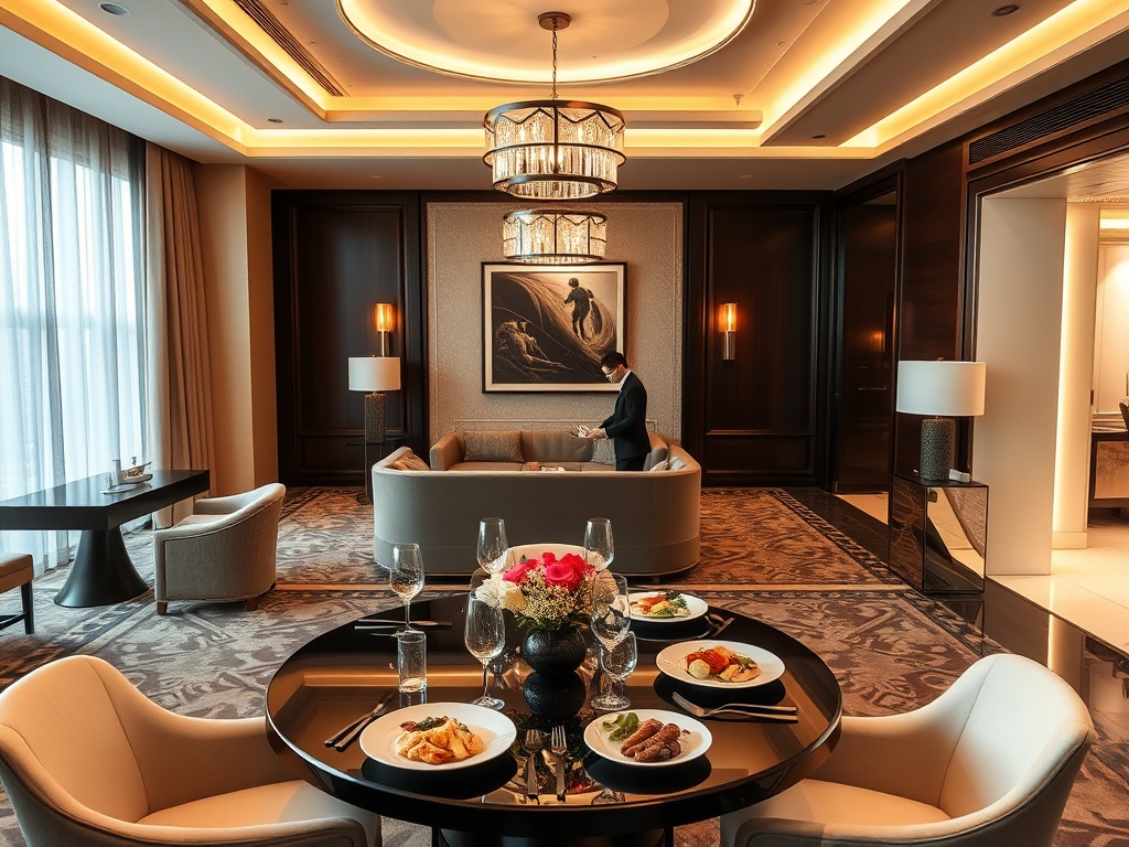 "luxury casino hotel suite living area beside a modern dining table with elegant plated cuisine, warm service staff silhouettes, and a calm spa corridor with soft lighting" You MUST not include ANY brand images or logos. You may ONLY reply with the format