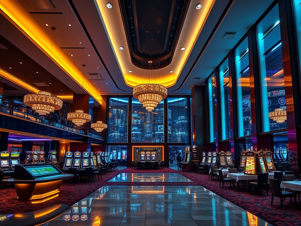 Modern luxury casino hotel lobby at night, warm ambient lights, elegant suites view, glowing gaming tables, fine dining ambiance, relaxed spa lounge, cinematic wide shot.