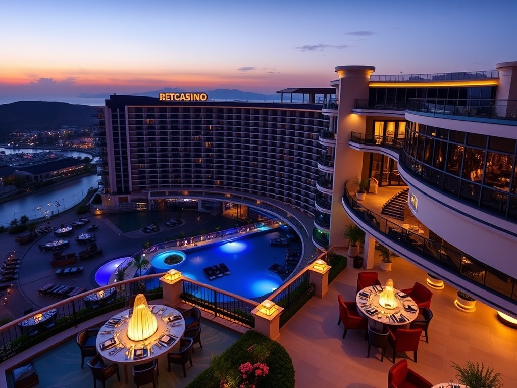 "luxury casino hotel at dusk" "elegant suites with soft lights" "fine dining terrace" "serene wellness spa glow" "welcoming resort ambiance" "modern sophistication"