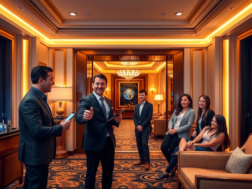Luxury modern casino hotel scene, concierge holding smartphone, warm ambient lighting, elegant suite doorway, plush seating, golden accents, relaxed guests smiling, upscale atmosphere.