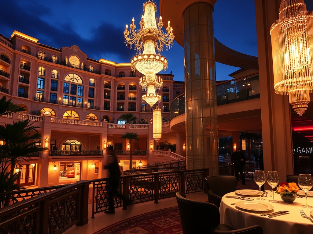 "luxury Mediterranean casino hotel exterior at dusk", "glowing chandeliers lobby", "elegant suite balcony", "fine dining table with plated cuisine", "subtle live music stage lights", "luxurious guests atmosphere" "high-end realism, cinematic lighting, vib