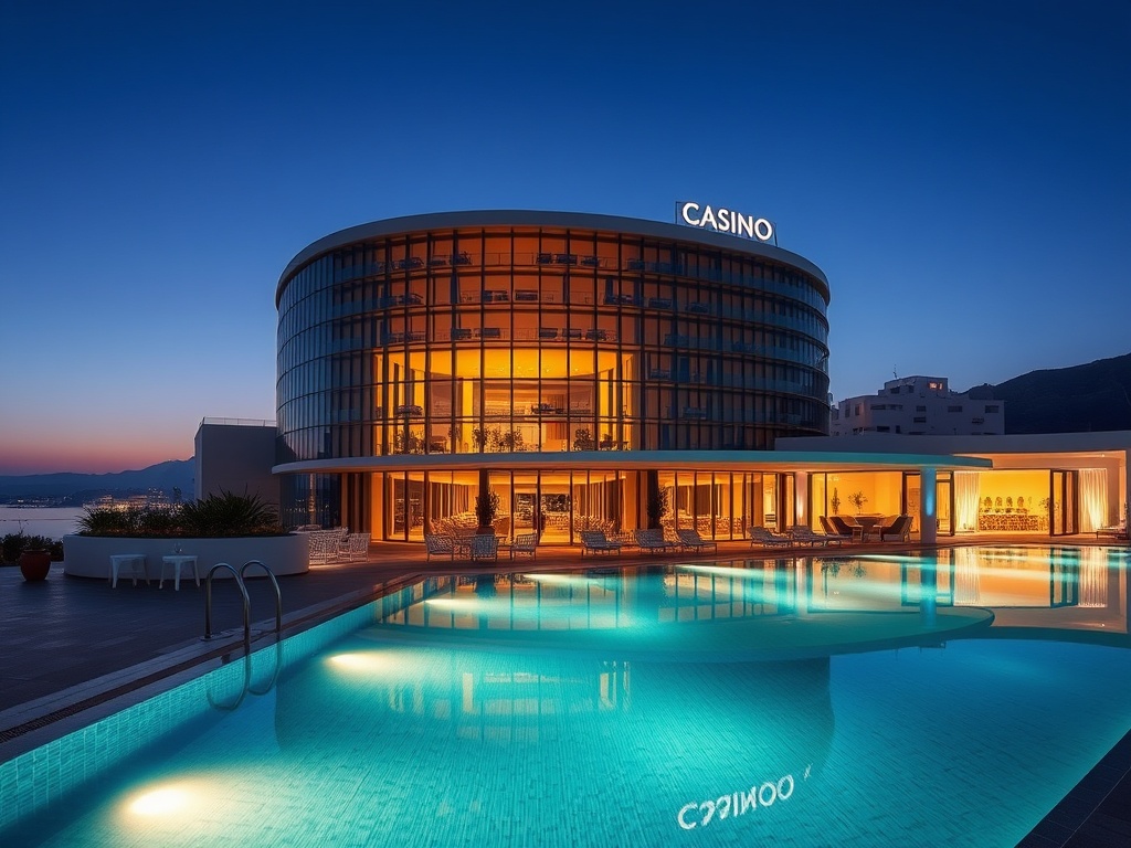 Modern luxury casino hotel in Greece at dusk, elegant entrance and glass facade, warm lounge lights, inviting infinity pool, subtle wellness steam, cinematic lighting