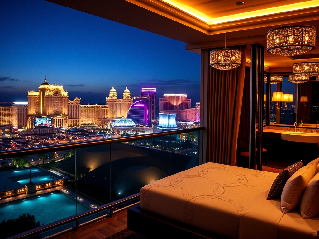 "luxury casino hotel suite balcony at night" "glowing casino lights in distance" "chic bed and marble bathroom" "spa pool steam" "dining and live show ambiance".