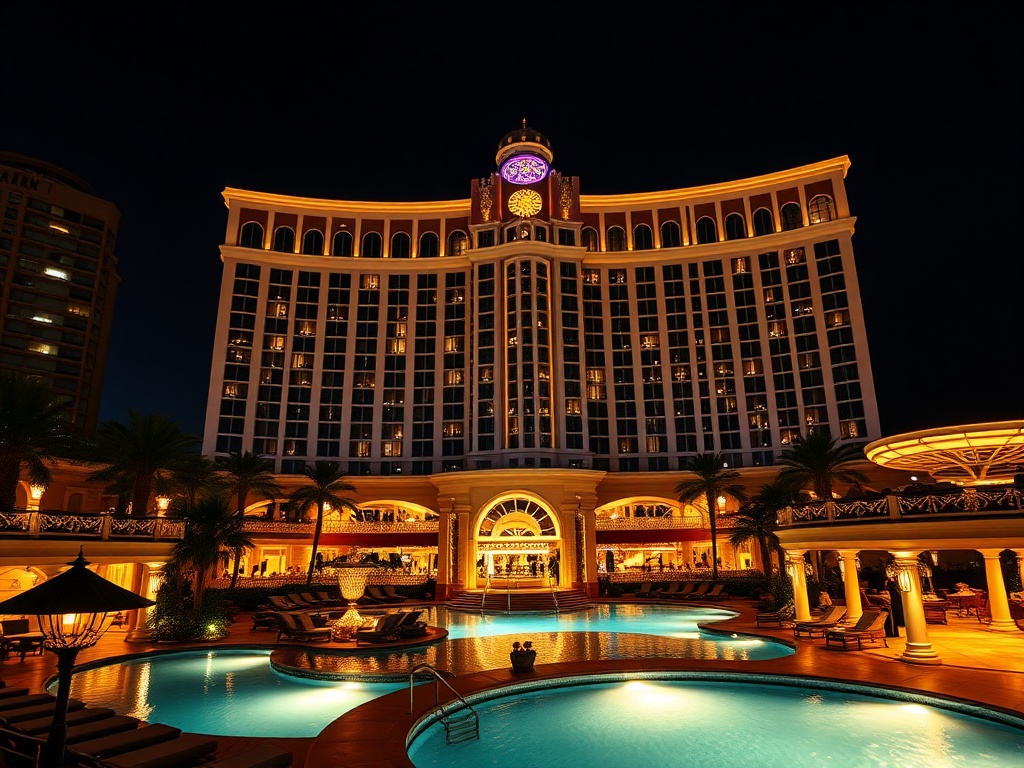 "A luxurious casino hotel at night, illuminated facade, elegant suite window glow, shimmering pool and spa lights, lively bar silhouettes, vibrant yet classy atmosphere, cinematic lighting"