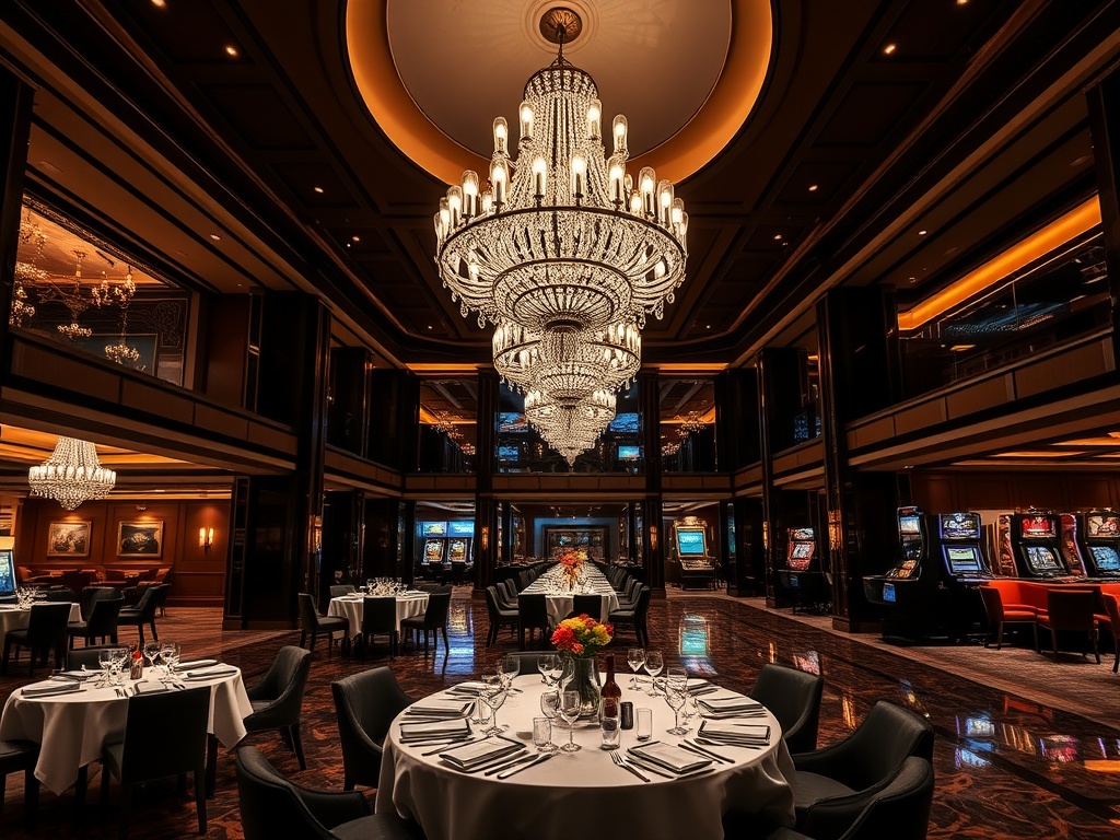 "A contemporary luxury casino hotel lobby at night, shimmering chandeliers, elegant suites glimpse, gourmet dining table, subtle gaming lights, velvet lounges, warm hospitality."