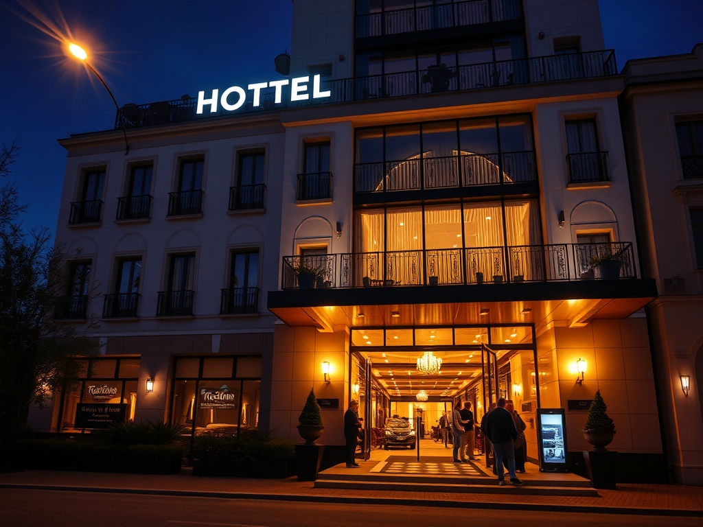 "Modern elegant hotel exterior at night in Poland, warm lights, subtle casino-like ambiance, lively social atmosphere, welcoming entrance, cinematic wide shot, no logos."