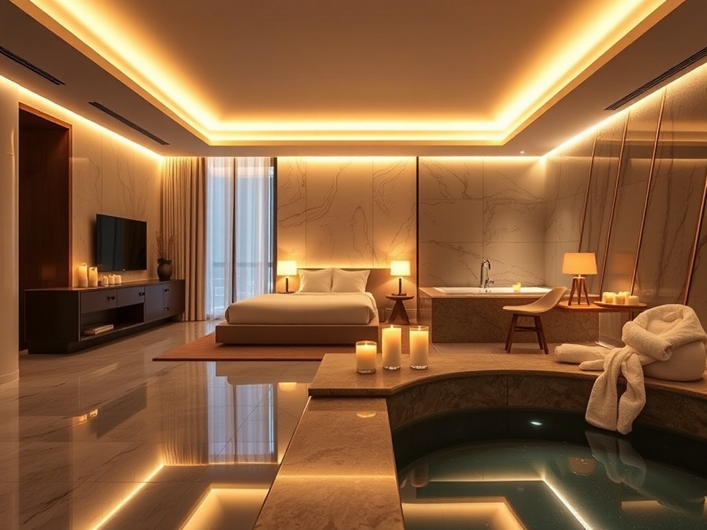 "luxury hotel suite" "soft warm lighting" "elegant modern interior" "serene spa with steam, candles" "cozy robes" "inviting atmosphere"