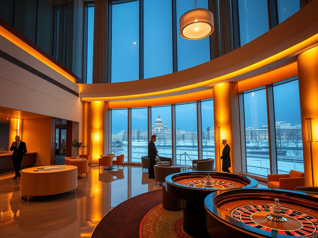 "Modern Scandinavian hotel lobby at night, warm amber lighting, sleek furniture, subtle casino ambiance with roulette-like table reflections, snowy Helsinki-like skyline view, elegant guests."