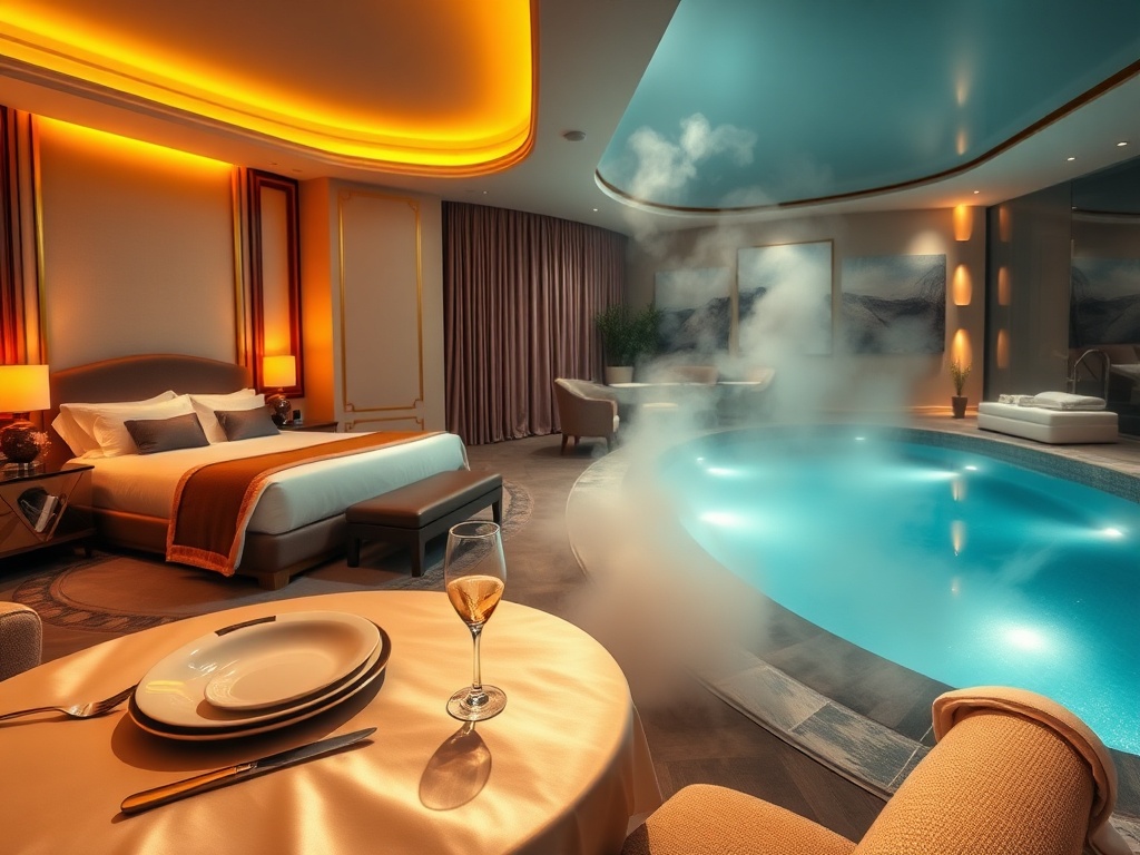 "luxury casino hotel suite" "warm ambient lighting" "silk textures and plush bedding" "gourmet dining table with elegant plated dishes" "steam rising from spa pool" "modern wellness lounge with soft towels" "subtle golden highlights" "wide angle, cinemati