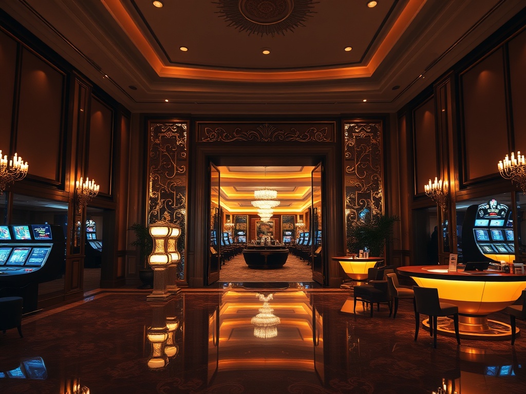 "Elegant casino hotel lobby at night, warm lights, spacious suite doorway, glowing casino tables, serene spa glow, inviting concierge atmosphere, modern luxury, soft cinematic lighting." You MUST not include ANY brand images or logos. You may ONLY reply w