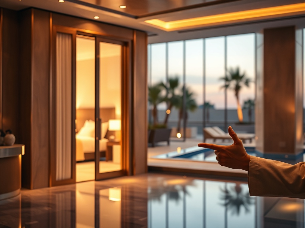 "Elegant modern hotel lobby at dusk" "warm golden lighting" "luxury suite door ajar with plush bedding visible" "poolside glow and soft bokeh" "inviting concierge gesture"