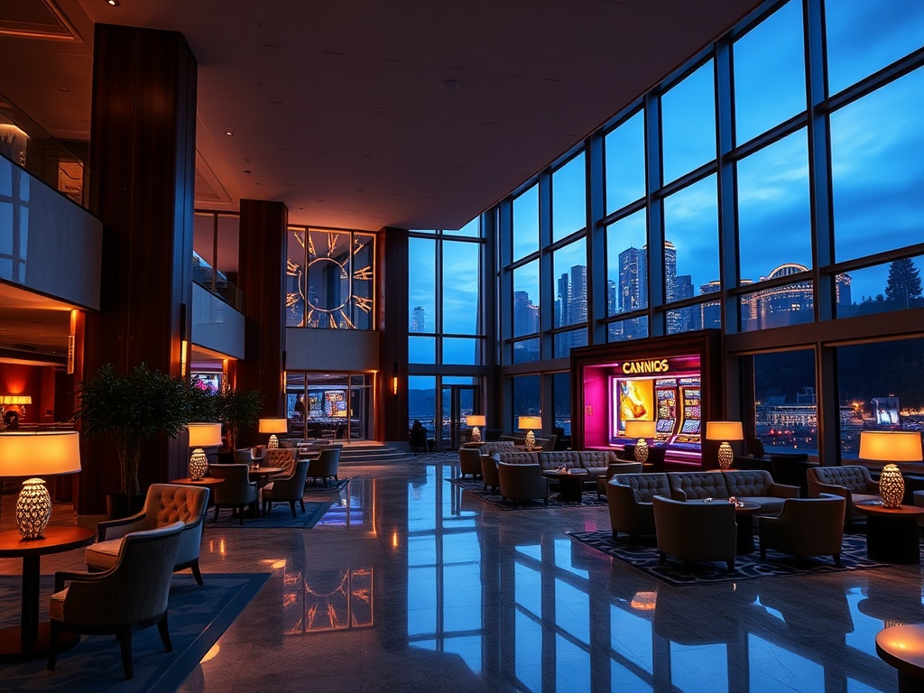 "Scandinavian style hotel lobby at night with warm lights, elegant seating, and a glowing casino entrance, subtle skyline, cozy atmosphere, modern luxury."