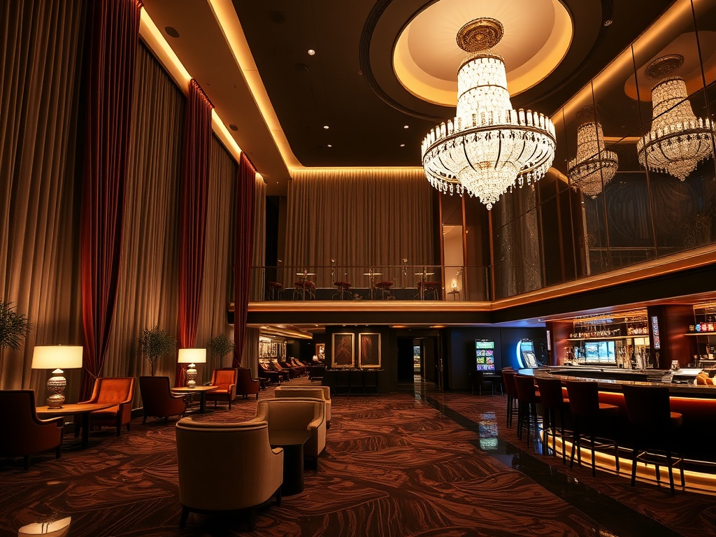 "modern luxury casino hotel lobby at night, warm ambient lighting, elegant lounge seating, sparkling chandelier, soft velvet curtains, glamorous bar, poised concierge, subtle casino lights, inviting atmosphere"
