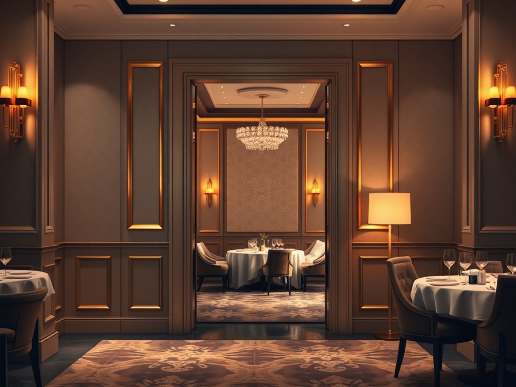 "luxury contemporary casino lounge" "elegant suite doorway with soft bedding" "gourmet restaurant dining lights" "golden warm ambiance" "subtle gaming lights"