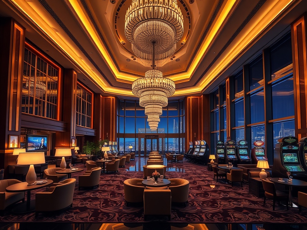 "Luxurious hotel lobby merging with a glamorous casino lounge, warm gold lighting, elegant seating, subtle gaming elements, modern architecture, inviting atmosphere, night skyline glow"